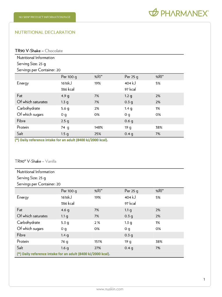 Pharmanex V-Shake Nutritional declaration